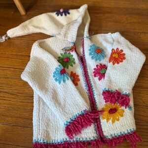 Specialty handmade artisan girls sweater with stocking style hoodie